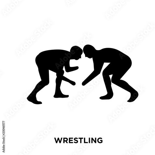 wrestling icon on white background, in black, vector icon illustration