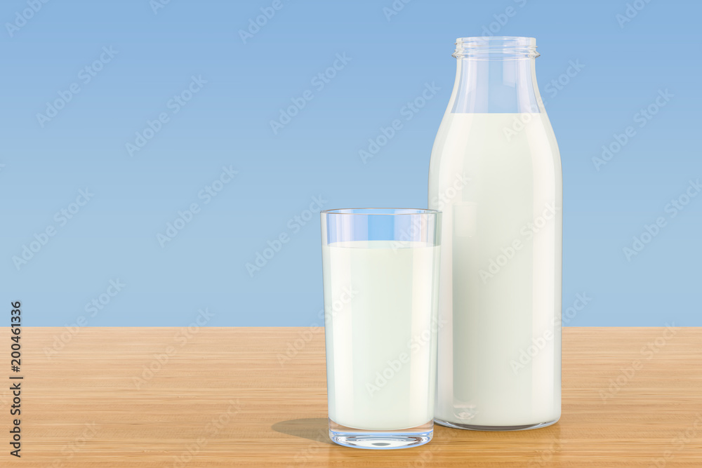 Milk bottle with glass of milk on wooden table, 3D rendering Milk bottle with glass of milk on wooden table, 3D rendering