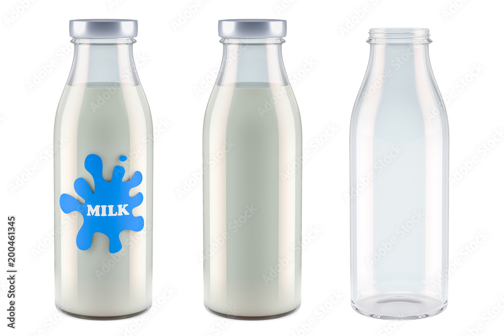 Milk bottles with label, full and empty. 3D rendering Milk bottles with label, full and empty. 3D rendering