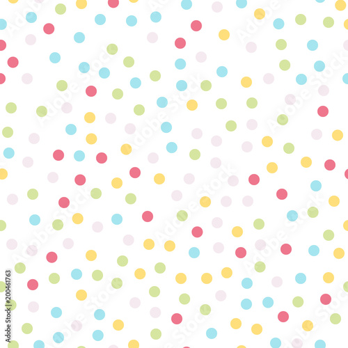 Colorful polka dots seamless pattern on white 4 background. Adorable classic colorful polka dots textile pattern. Seamless scattered confetti fall chaotic decor. Abstract vector illustration.