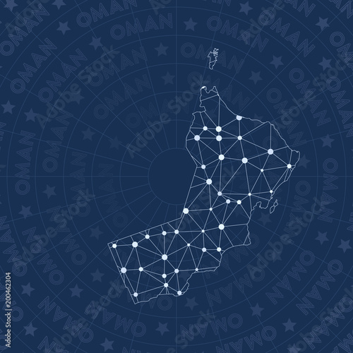 Oman network, constellation style country map. Vibrant space style, modern design. Oman network map for infographics or presentation.