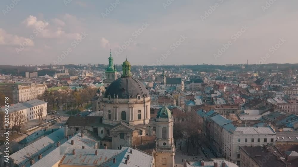 LVOV, UKRAINE. Panorama of the ancient city. The roofs of old buildings. Ukraine Lviv Dominican Church. Streets Arial.