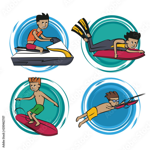 Water sports cartoons round icons vector illustration graphic design