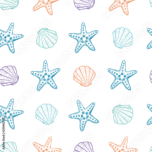 Hand drawn vector illustrations - seamless pattern of seashells. Marine background. Perfect for invitations, greeting cards, posters, prints, banners, flyers etc