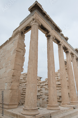 Columns and temple on the acropolis in Athens Greece.