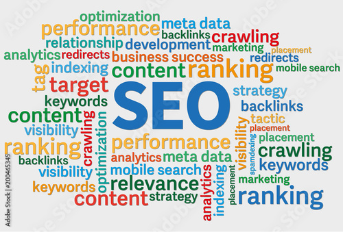 SEO search engine optimization word cloud against white background
