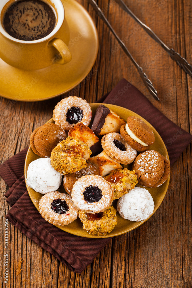 Homemade European Bakery Style Cookies Variety Flavors. Selective focus. Homemade European Bakery Style Cookies Variety Flavors. Selective focus.