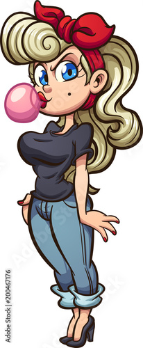 Pin up girl blowing bubble gum. Vector clip art illustration with simple gradients. All in a single layer.