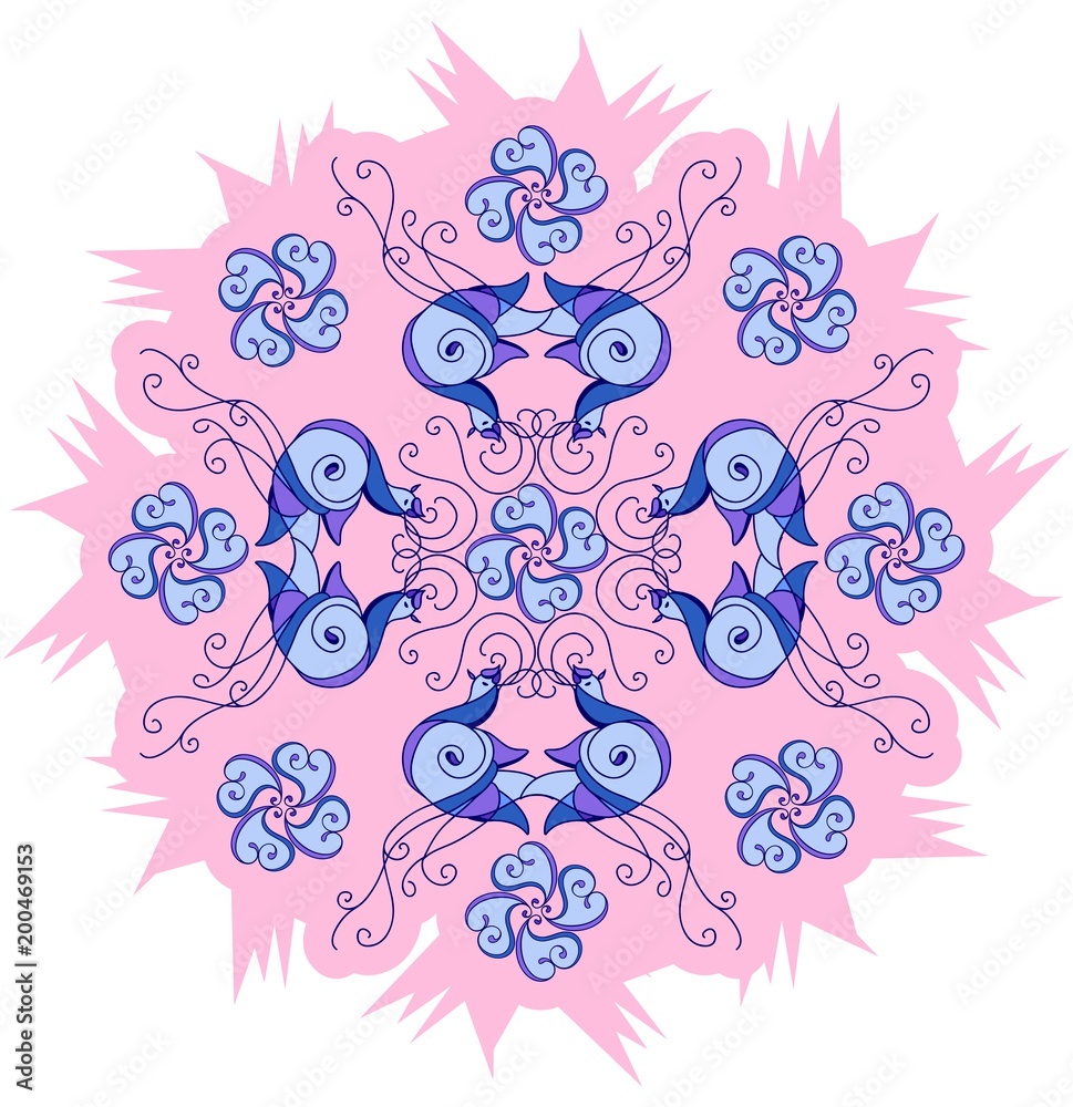 Stylized birds and flowers on a pink background