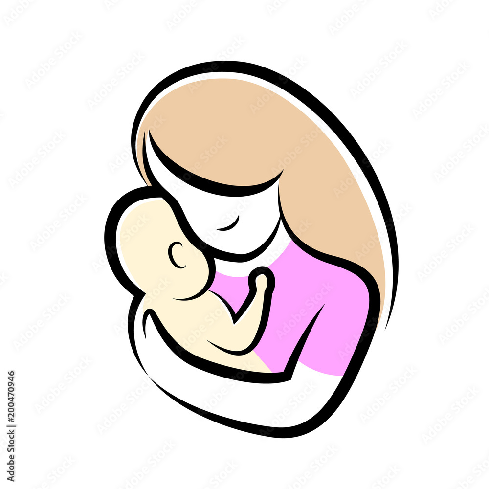 mother and baby stylized vector symbol. Mom hugs her child icon design. Happy mother's day concept, illustration isolated on white background.