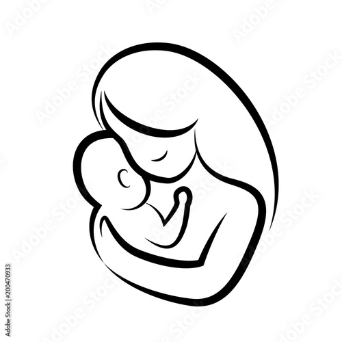 mother and baby stylized vector symbol. Mom hugs her child icon design. Happy mother's day concept, illustration isolated on white background.