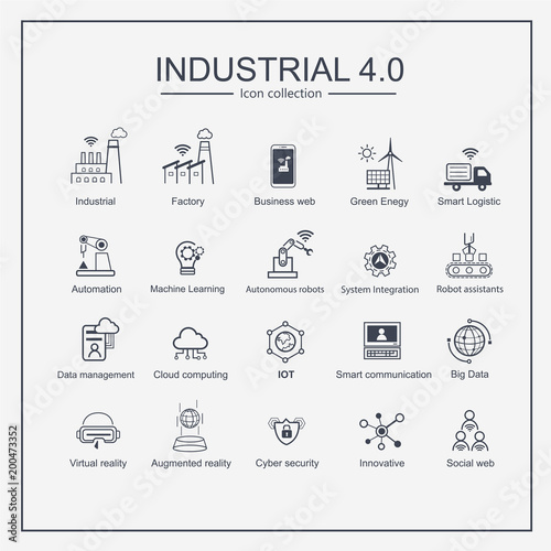 Industry 4.0 and smart productions icon set: smart industrial revolution, automation, robot assistants, cloud and innovation.