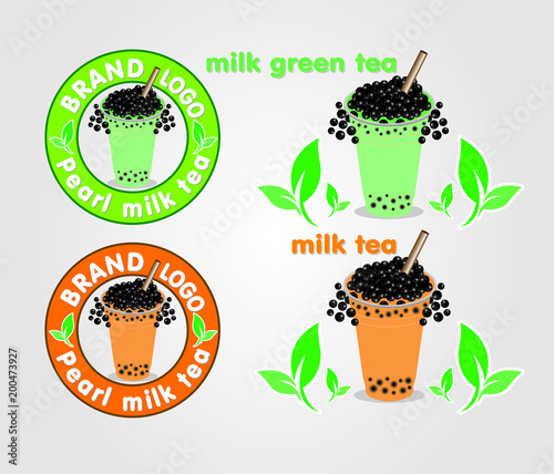 vector of pearl milk tea and pearl milk green tea with round of logo brand