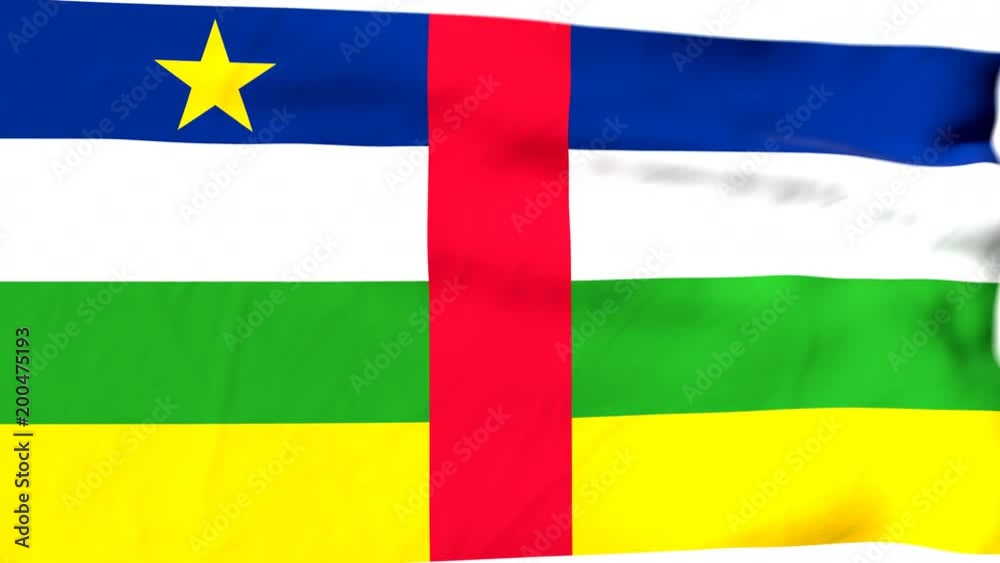 The waving flag of Central African Republic opens up the view to the position of the Central African Republic on a colored world map The waving flag of Central African Republic opens up the view to the position of the Central African Republic on a colored world map