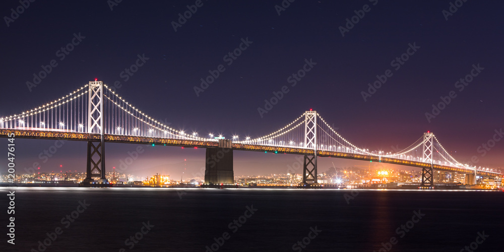 San Francisco Night Skyline with Bay Bridge and Bay Area