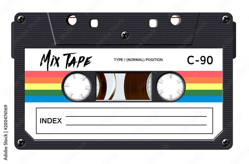 Cassette with retro label as vintage object for 80s revival mix tape design