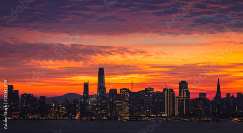 Photography San Francisco Night Skyline with Bay Bridge and Bay Area