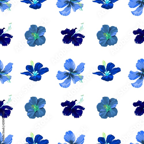 ฺbotanical Hibiscus blue cool tone design for illustration vector  seamless pattern with white background