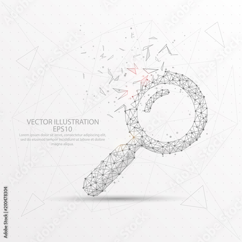 Magnifying glass digitally drawn low poly triangle wire frame.