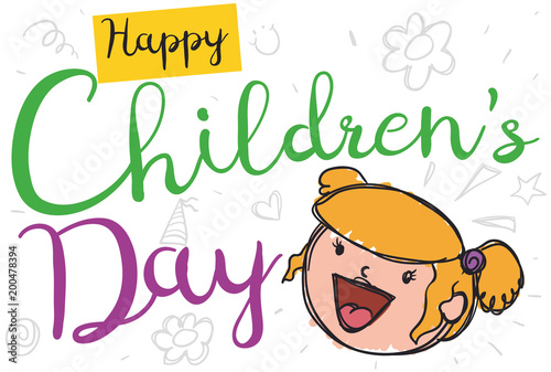 Happy Blond Haired Girl with Doodles Celebrating Children's Day, Vector Illustration