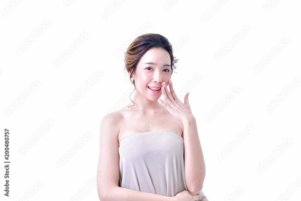 The concept of healthy beautiful woman. Beautiful women keep healthy. Beautiful women take care of skin health. Beautiful girl on white background The concept of healthy beautiful woman. Beautiful women keep healthy. Beautiful women take care of skin health. Beautiful girl on white background