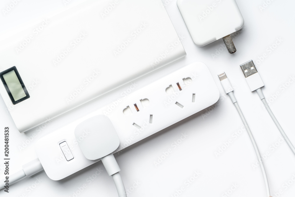 socket plug electric power bank and wire white color isolate. save energy  and reduce energy efficiency concept Stock Photo | Adobe Stock