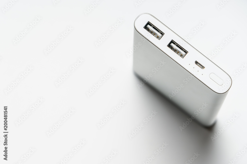 white silver power bank isolate. save energy and reduce energy efficiency concept white silver power bank isolate. save energy and reduce energy efficiency concept