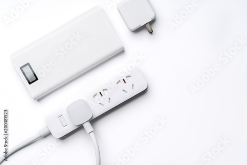 socket plug electric power bank and wire white color isolate. save energy and reduce energy efficiency concept