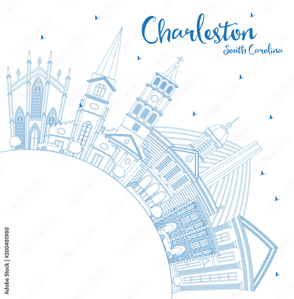 Outline Charleston South Carolina City Skyline with Blue Buildings and Copy Space.