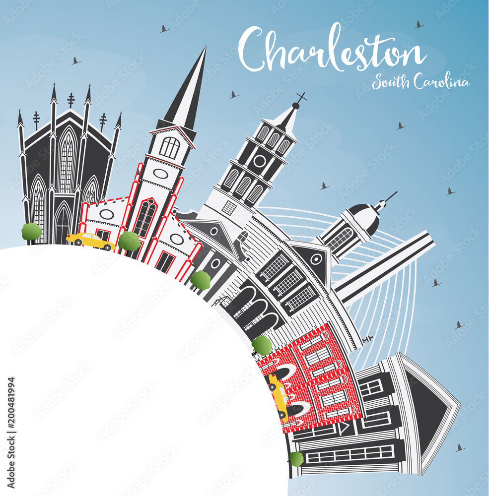 Charleston South Carolina City Skyline with Gray Buildings, Blue Sky and Copy Space.