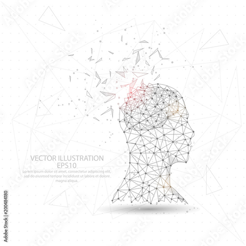 Thinker man head and brain digitally drawn low poly triangle wire frame.