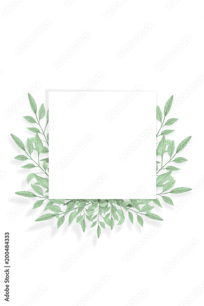 A square frame with watercolor-drawn green leaves on a white background. Isolated and space for your text.