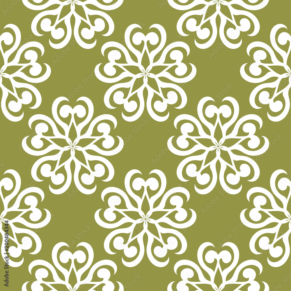 White floral seamless pattern on olive green background