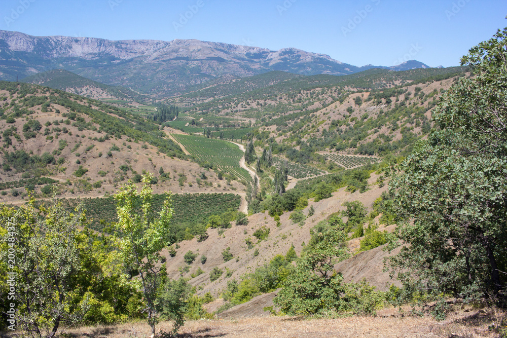 Magnificent view of the mountains and valleys of the Crimean Peninsula on a summer day.