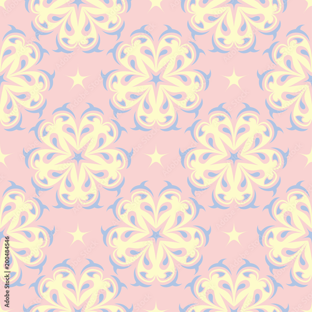 Floral seamless pattern. Pale pink background with light blue and yellow flower elements Floral seamless pattern. Pale pink background with light blue and yellow flower elements