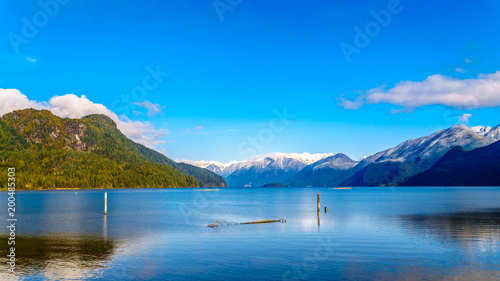 Pitt Lake with the Snow Capped Peaks of the Golden Ears  Tingle Peak and other Mountain Peaks of the surrounding Coast Mountain Range in the Fraser Valley of British Columbia  Canada