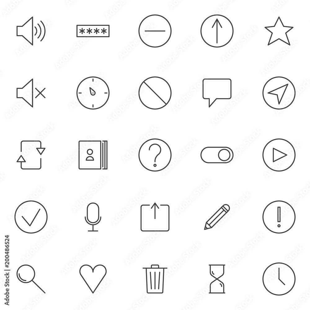 Fototapeta premium Interface elements outline icons set. linear style symbols collection, line signs pack. vector graphics. Set includes icons as speaker volume, password or pin code, minus, remove, star, favorite