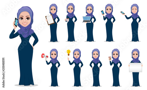 Arabic business woman cartoon character set