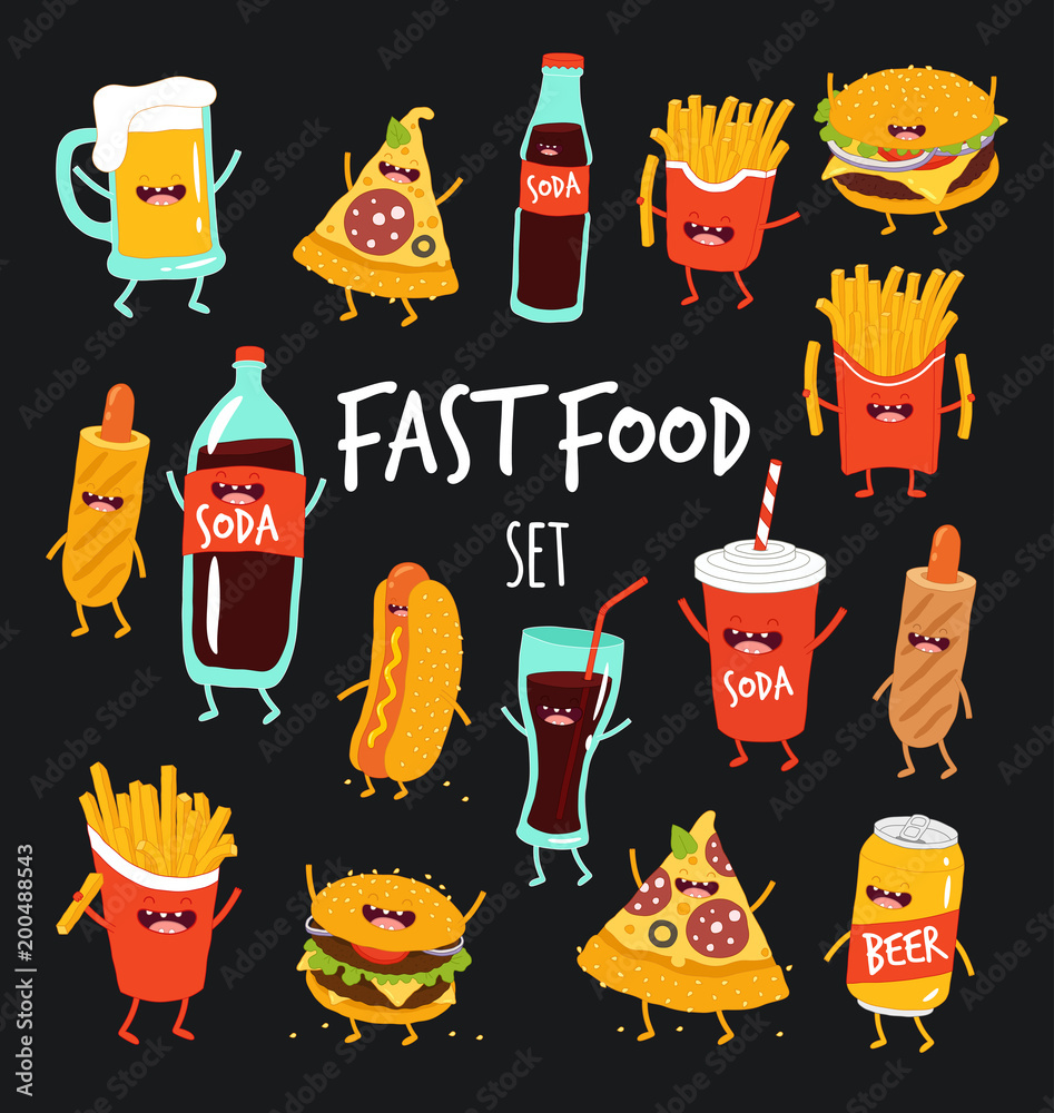 Funny fast food set. Vector illustration. Stock Vector | Adobe Stock