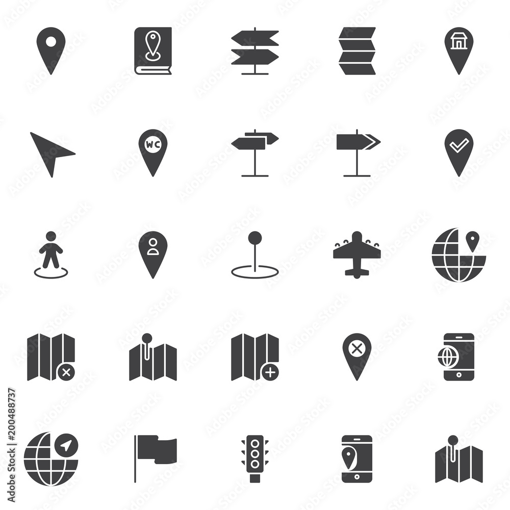 Location and navigation vector icons set, modern solid symbol collection, filled style pictogram pack. Signs, logo illustration. Set includes icons as map pointer, book with pin location, navigator Location and navigation vector icons set, modern solid symbol collection, filled style pictogram pack. Signs, logo illustration. Set includes icons as map pointer, book with pin location, navigator