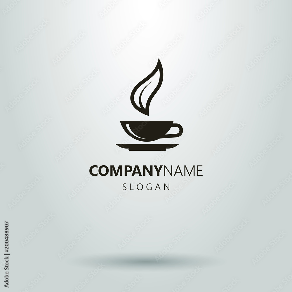 tea cup logo with a tea leaf. black and white abstract icon Stock
