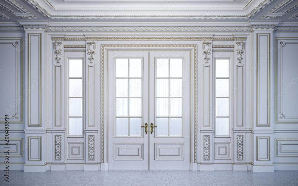 White wall panels in classical style with gilding. 3d rendering White wall panels in classical style with gilding. 3d rendering