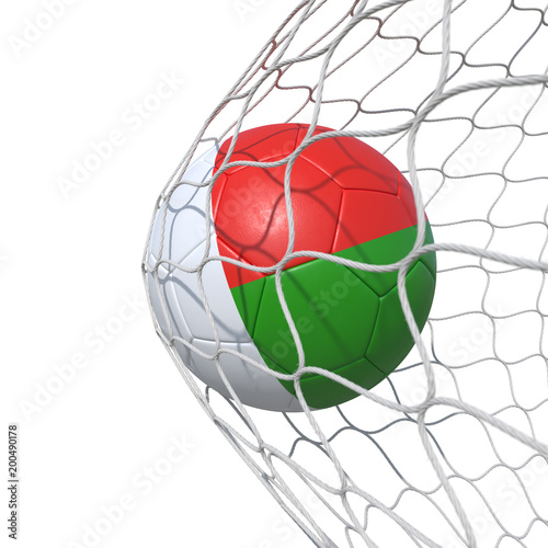 Madagascar Madagascan flag soccer ball inside the net, in a net. © vahekatrjyan