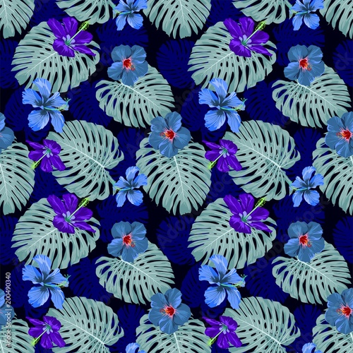 tropical botanical Hibiscus blue cool tone design for illustration vector seamless pattern with white background