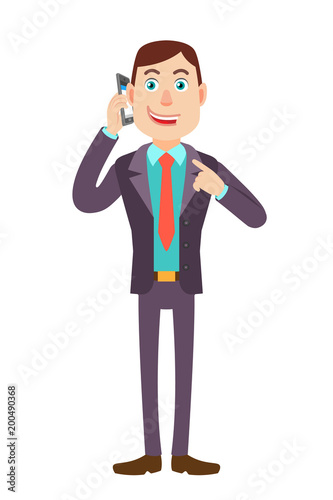 Businessman pointing his finger at the mobile phone that he talks