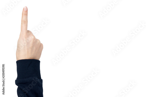 Female hand pointing gesture and sign. Isolated on white background. Dark blue pullover. copy space, template