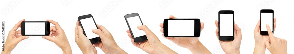 set of different Female hands hold a cell phone, mockup template. Isolated on white background set of different Female hands hold a cell phone, mockup template. Isolated on white background