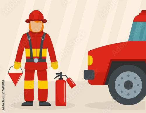 Firefighter with car concept. Flat illustration of firefighter with car vector concept for web