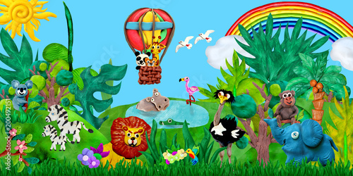 Traveling  by airballoon Zoo animals 3D rendering children banner illustration
