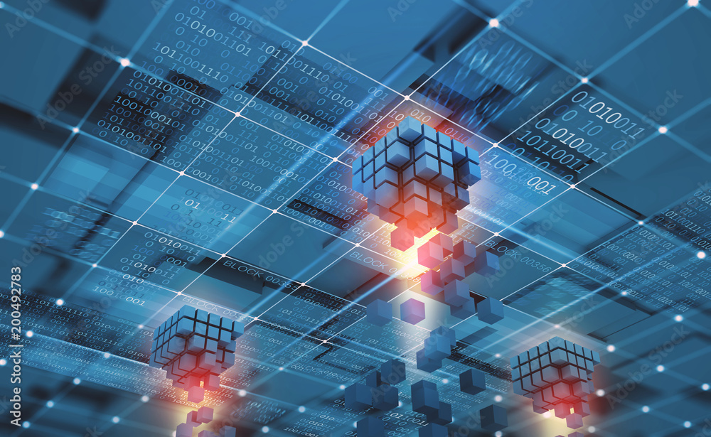 Fototapeta premium Abstract concept Blockchain network. Fintech technology. Global protection and data transmission. 3D illustration on a technological background with binary code elements